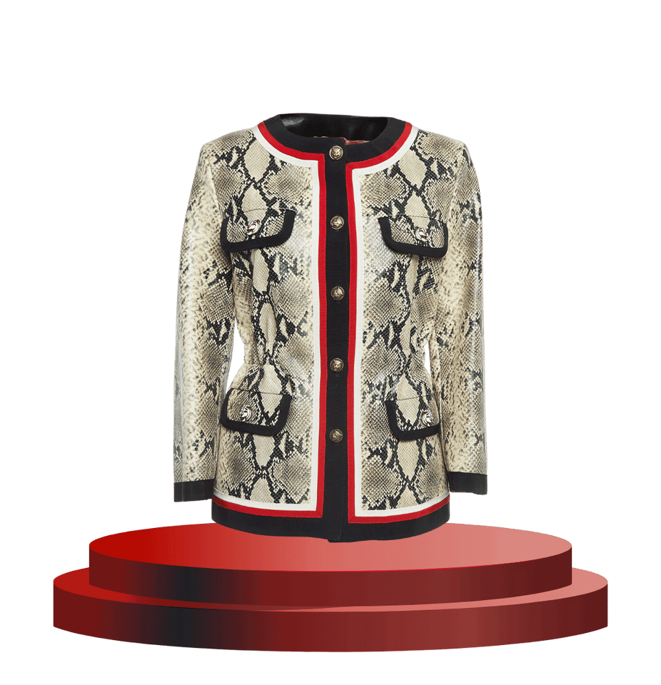 Gucci Cream Snake Printed Leather Jacket