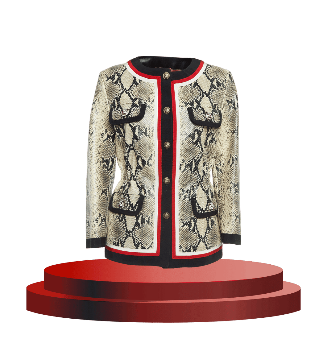 Gucci Cream Snake Printed Leather Jacket